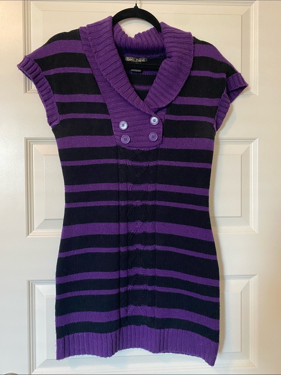 Red Paint Dresses & Skirts - Purple and Black Striped Knit Mini Dress with Shawl Collar